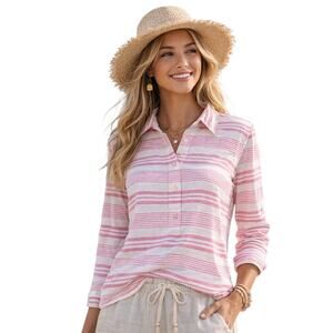 Vineyard Vines Blouse Linen Stripe Sz 6 Preppy Coastal Luxury Timeless Casual